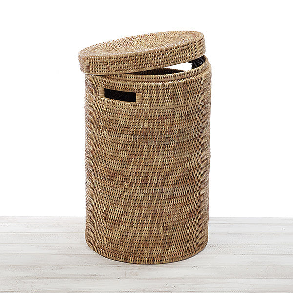 Rattan Laundry Basket With Lid - Cylinder Laundry basket / Hamper with Inset Handles
