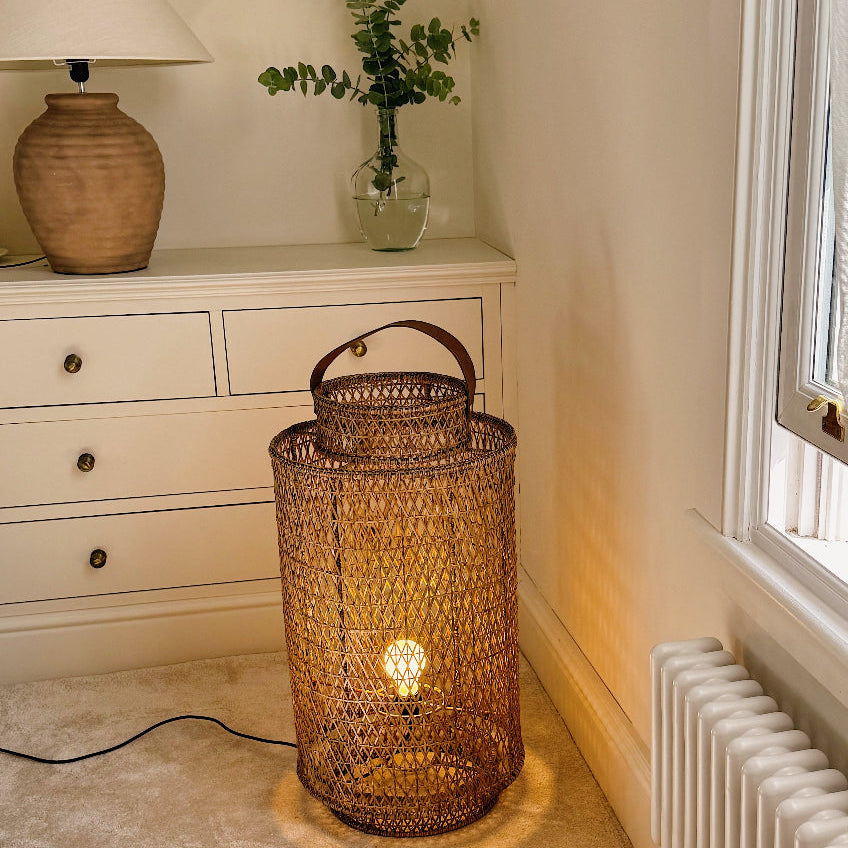Handwoven Rattan Floor Lantern with Leather Handle – Natural Brown