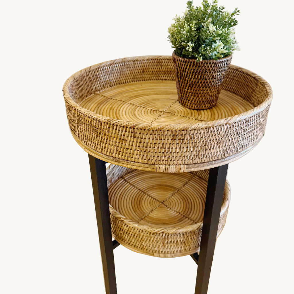 Rattan Two-Tier Coffee & Side Table – Foldable Legs