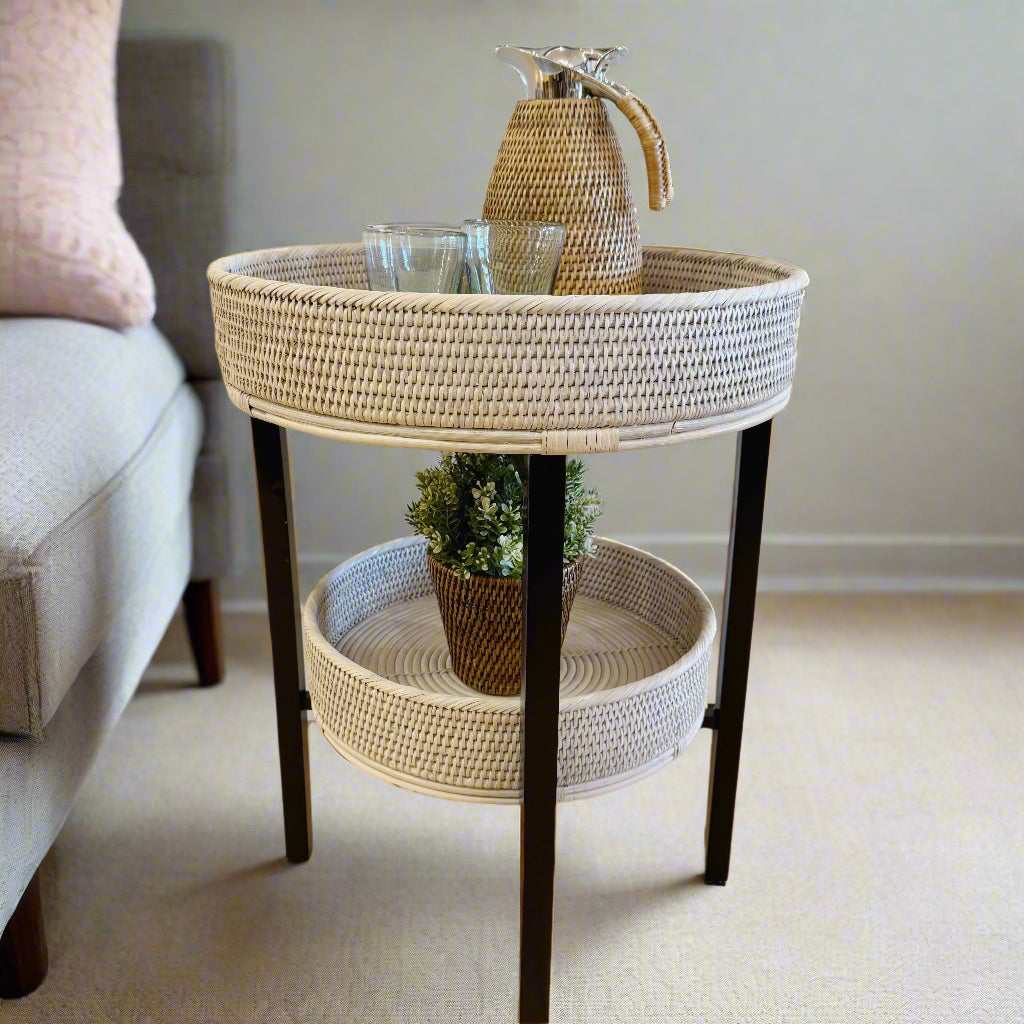 Rattan Two-Tier Coffee & Side Table – Foldable Legs