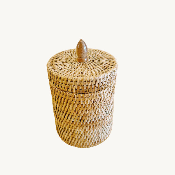 Small Rattan Cylinder Pot with Lid | Cotton Wool Holder or Bathroom Storage