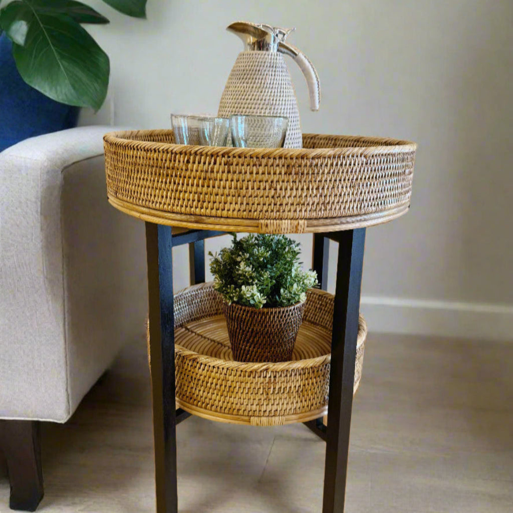 Rattan Two-Tier Coffee & Side Table – Foldable Legs