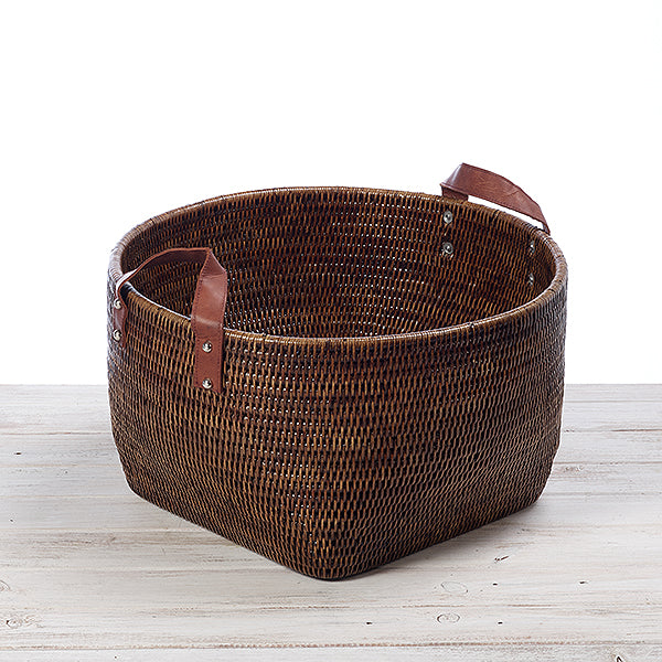 Rattan Veggie Storage Basket with Leather Handles