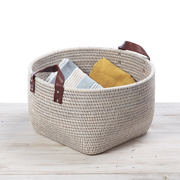Rattan Veggie Storage Basket with Leather Handles
