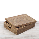 Rattan Lidded Wide Rectangular Storage Box with Inset Handles