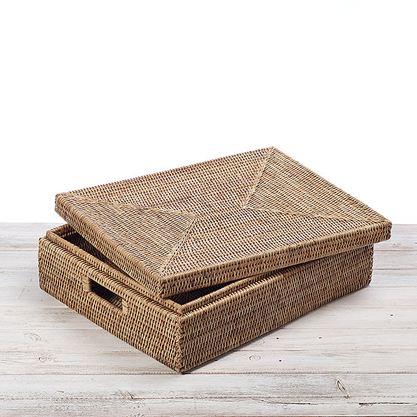 Rattan Lidded Wide Rectangular Storage Box with Inset Handles