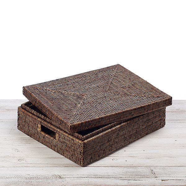 Rattan Lidded Wide Rectangular Storage Box with Inset Handles