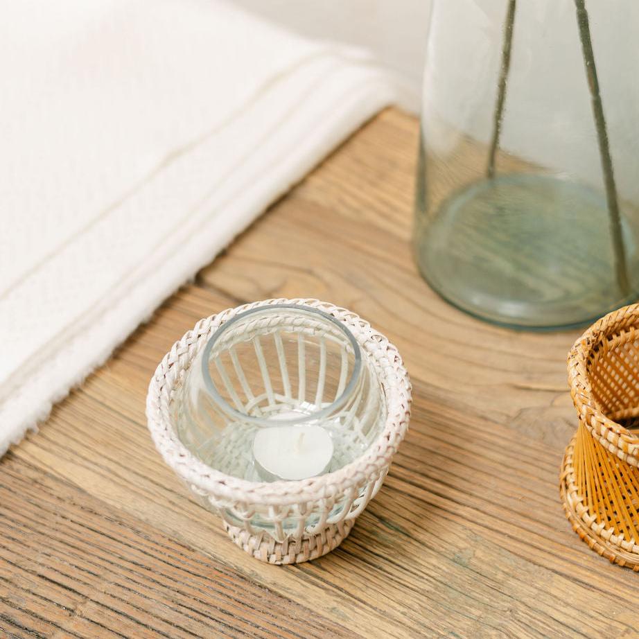 Rattan Spherical Tea Light Holder with Handblown Glass