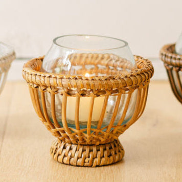 Rattan Spherical Tea Light Holder with Handblown Glass