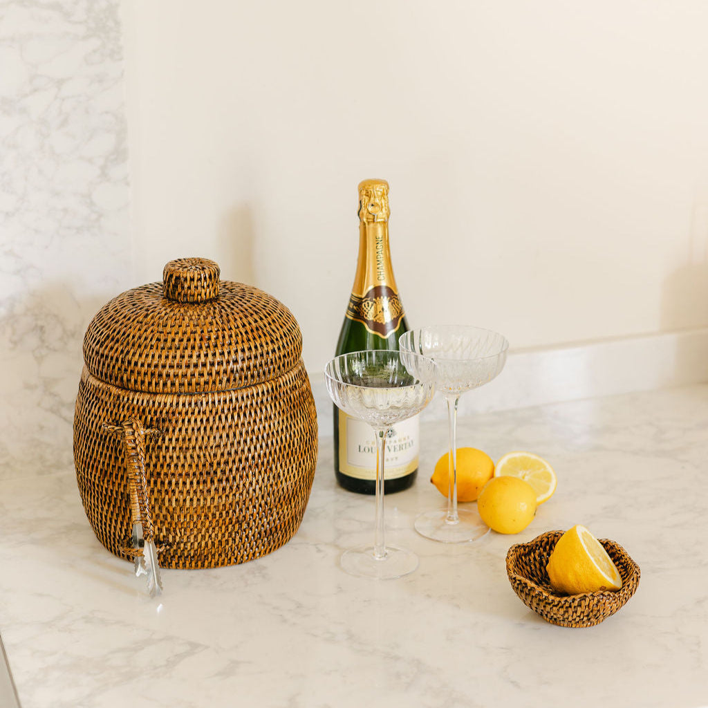 Rounded Rattan Ice Cube Box with Tongs – Dia 23 x H 27 cm