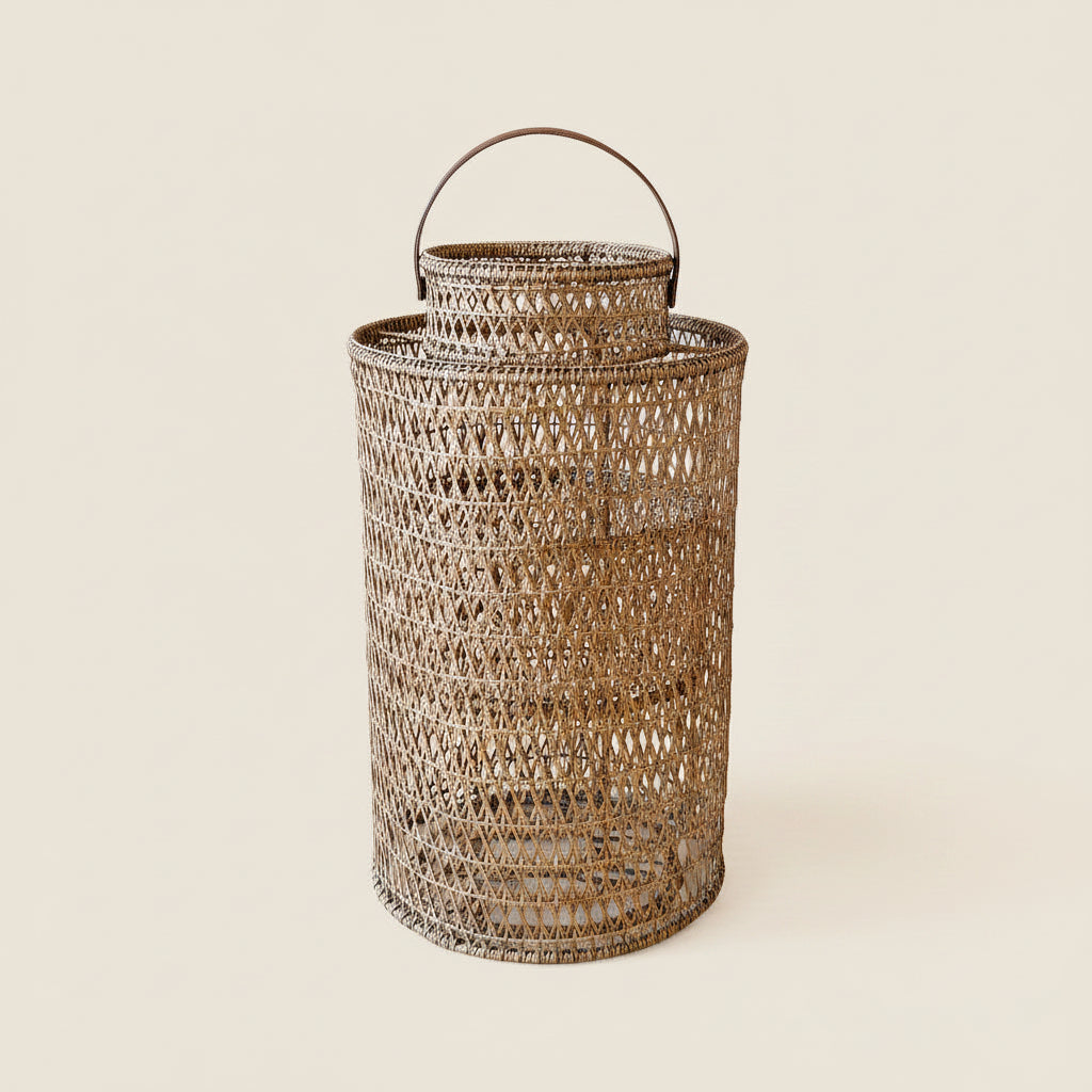 Handwoven Rattan Floor Lantern with Leather Handle – Natural Brown