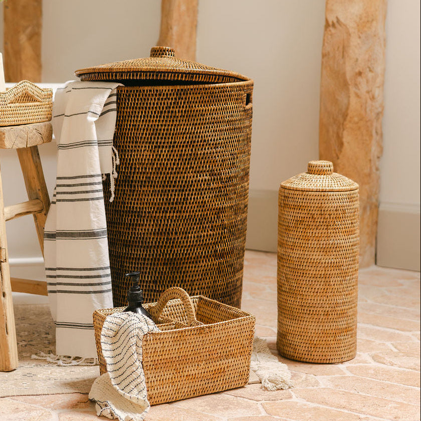 Rattan Tapered Laundry Basket / Hamper with Lid and Inset Handles