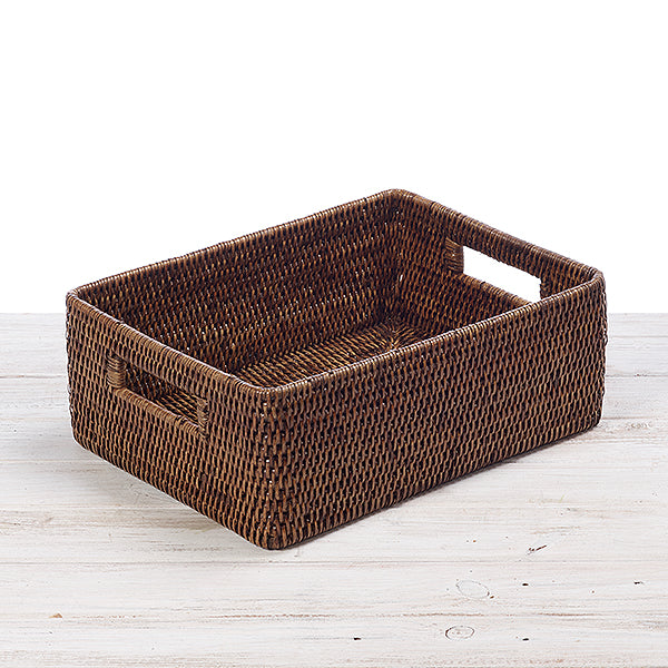 Rattan Short Rectangular Storage Basket with Inset Handles