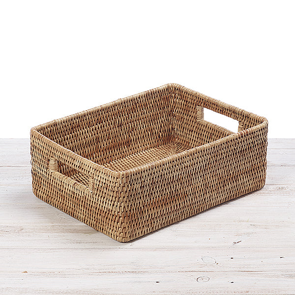 Rattan Short Rectangular Storage Basket with Inset Handles