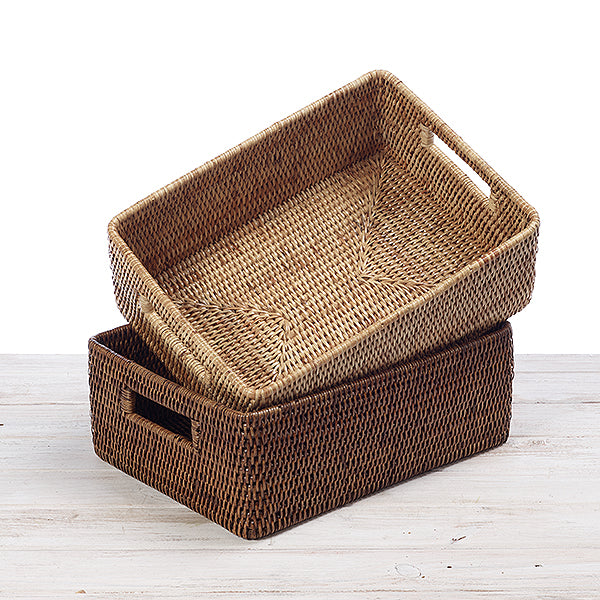 Rattan Short Rectangular Storage Basket with Inset Handles