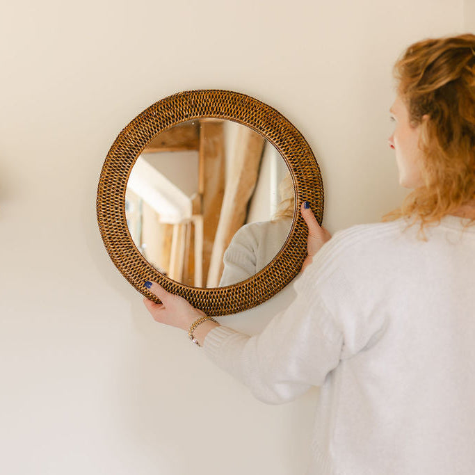 Boho Rattan Round Wall Mirror