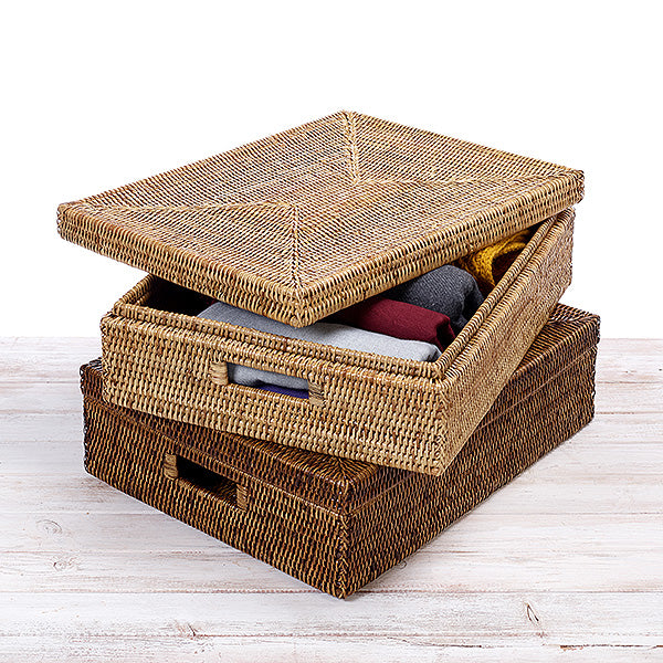 Rattan Lidded Wide Rectangular Storage Box with Inset Handles