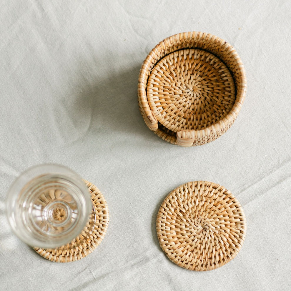 Rattan Round Coasters with Holder (Set of Six)