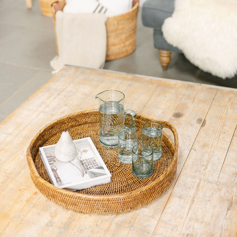Rattan Round Serving Tray with Arch Handles