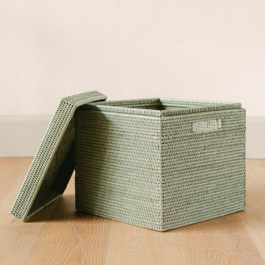 Rattan Lidded Square Storage Box with Inset Handles