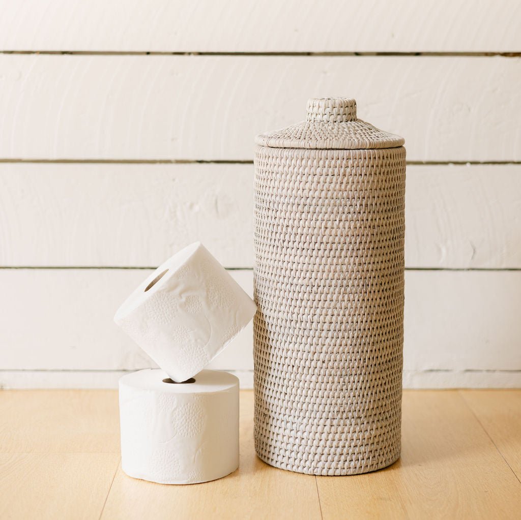 white rattan toilet roll holder