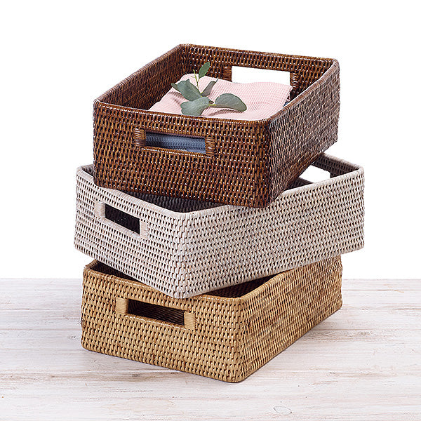Rattan Short Rectangular Storage Basket with Inset Handles