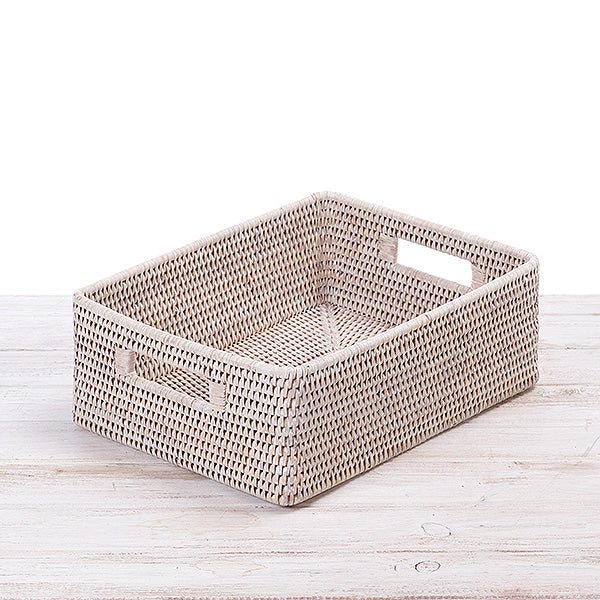 Rattan Short Rectangular Storage Basket with Inset Handles