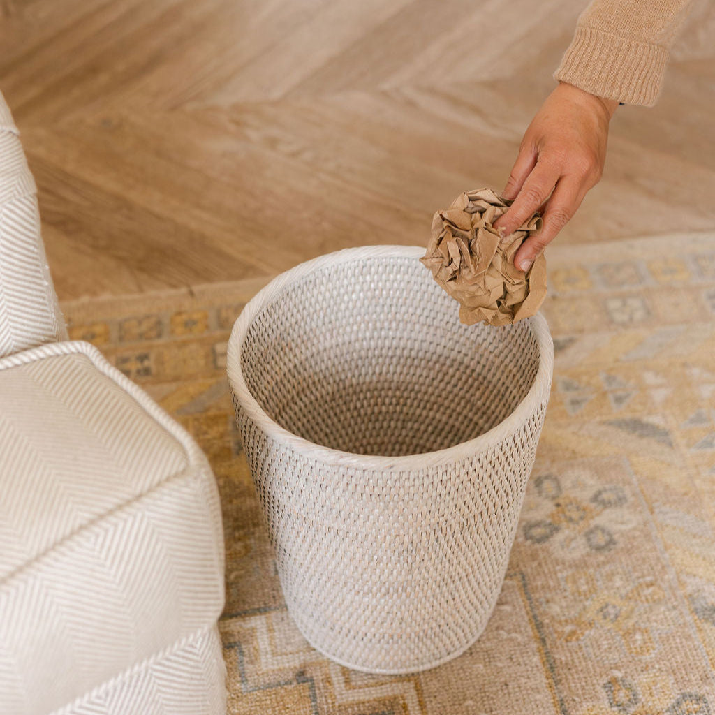 white rattan waste bin