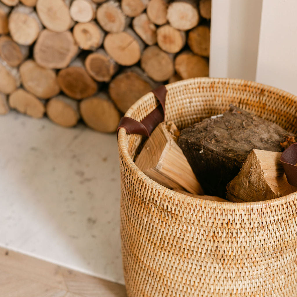 Rattan Tall Storage Basket with Leather Handles/ Log Basket