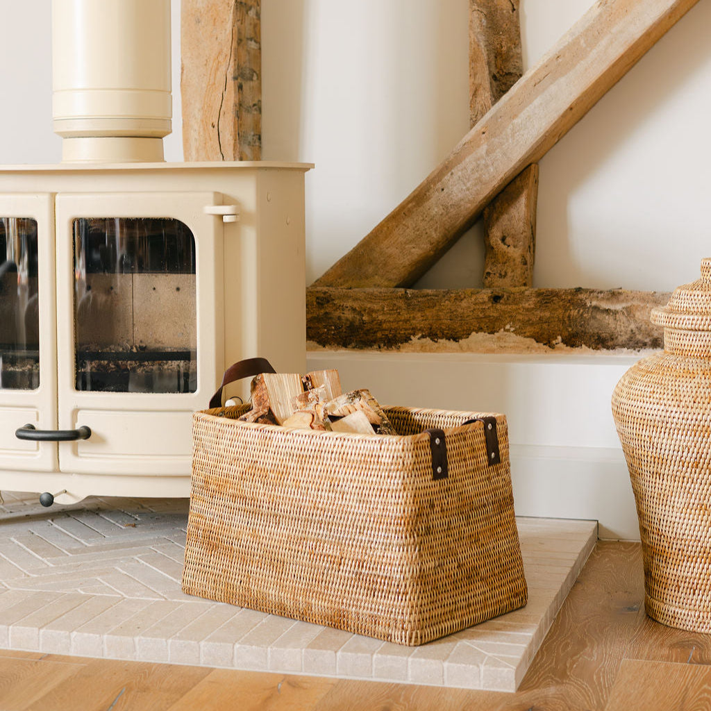 Rattan Tall Tapered Storage Basket with Leather Handles