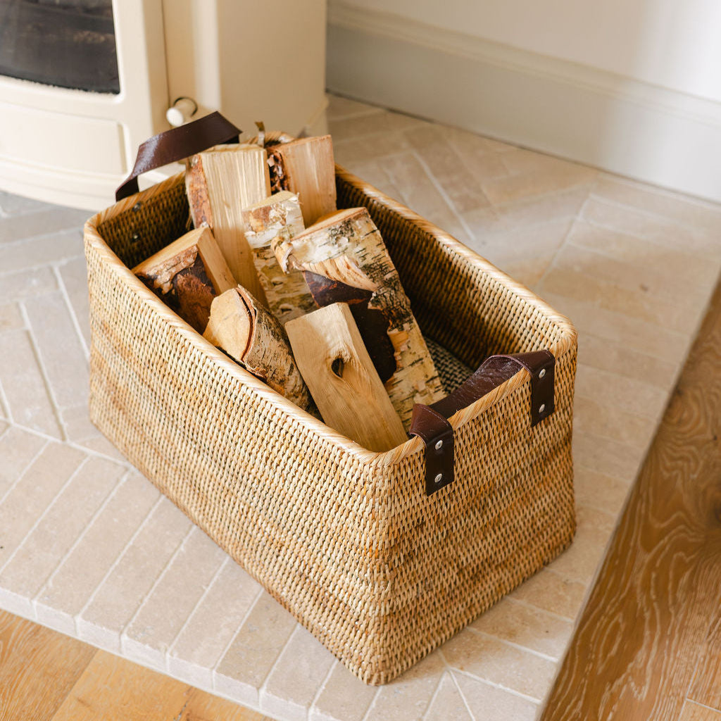 Rattan Tall Tapered Storage Basket with Leather Handles
