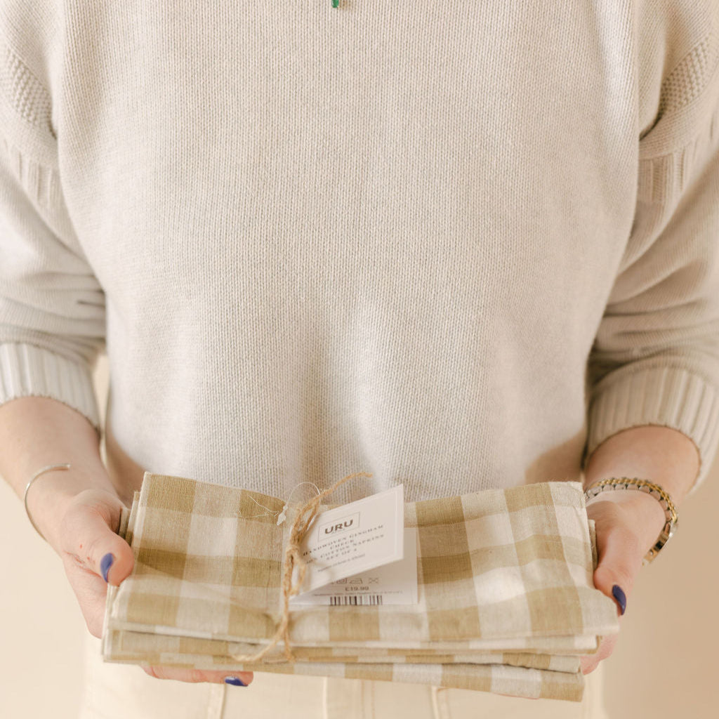 Handwoven 100% Pure Cotton Napkins – Gingham Check (Pistachio Dark Olive Colour)- Set of Four