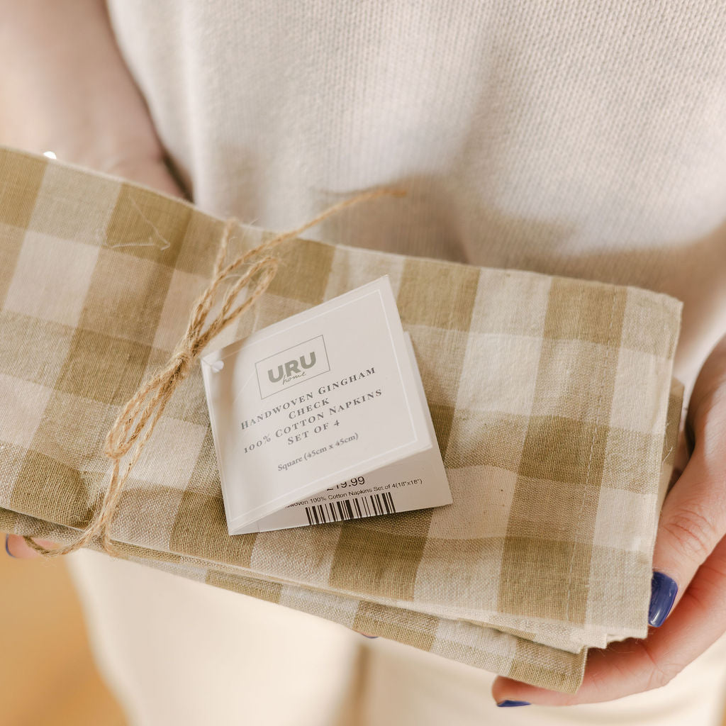 Handwoven 100% Pure Cotton Napkins – Gingham Check (Pistachio Dark Olive Colour)- Set of Four