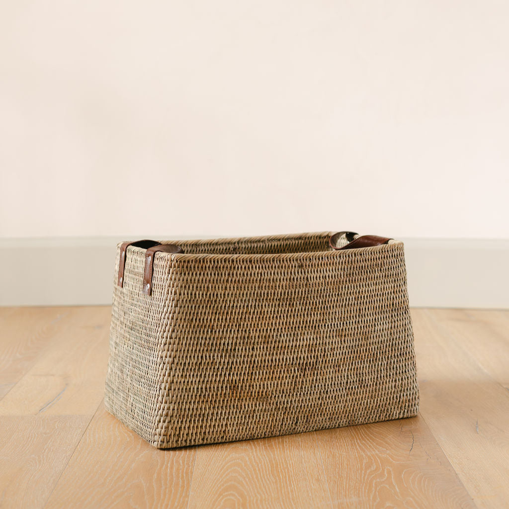 Rattan Tall Tapered Storage Basket with Leather Handles