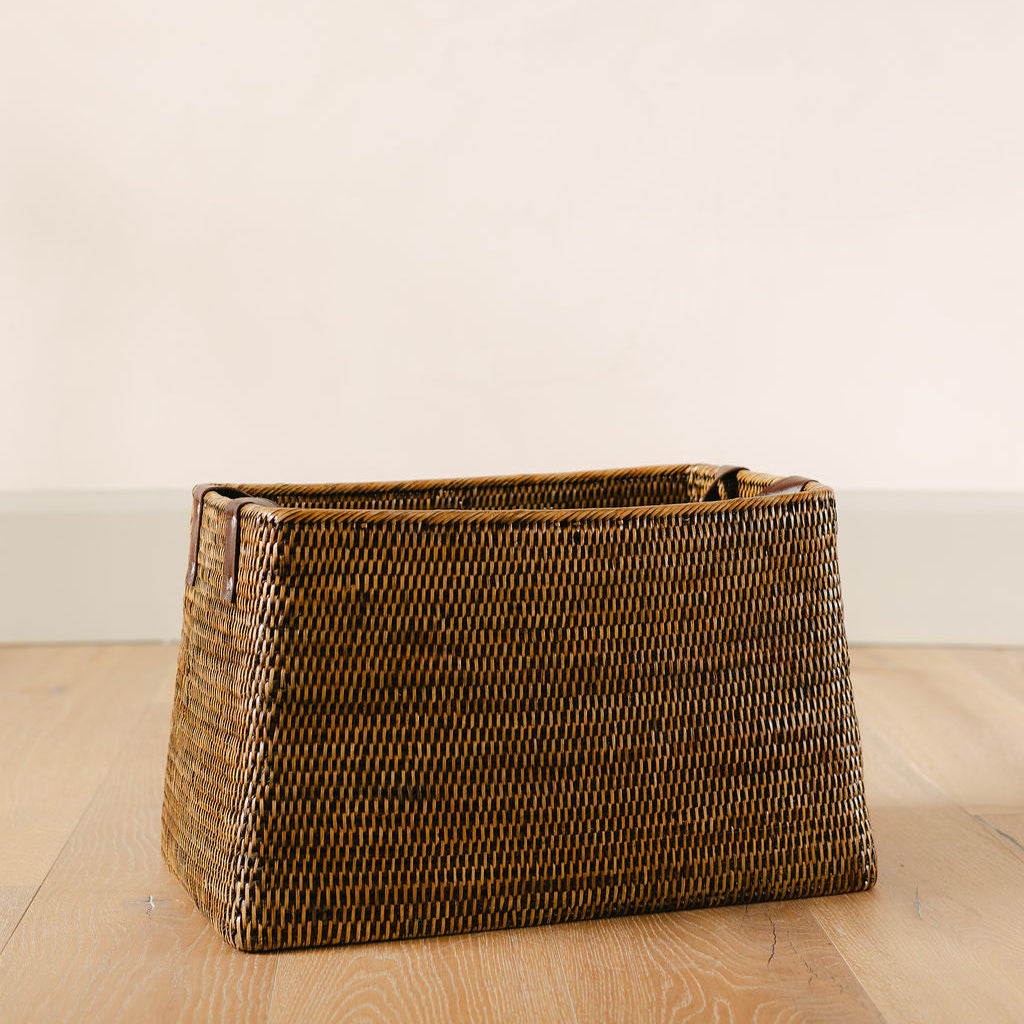 Rattan Tall Tapered Storage Basket with Leather Handles