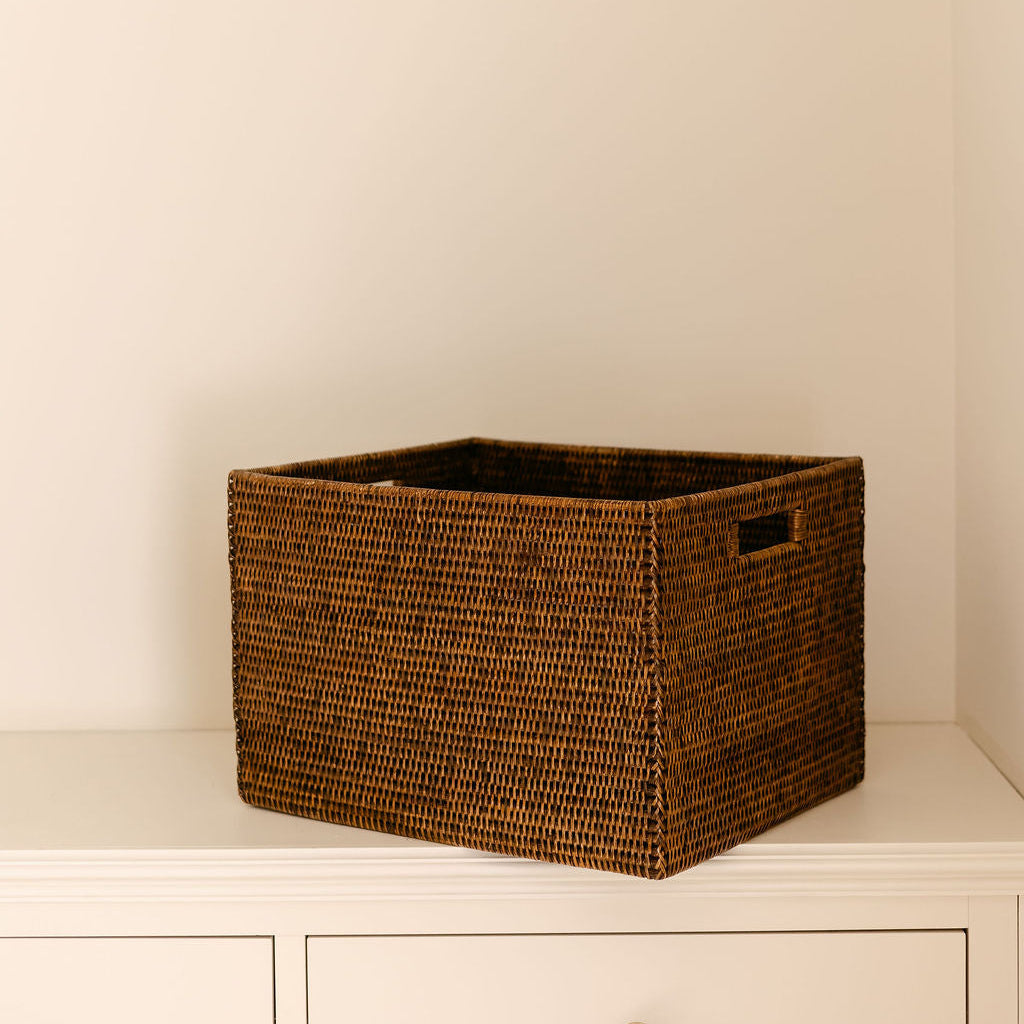 Mandalay Rectangular Rattan Storage Basket with inset Handles