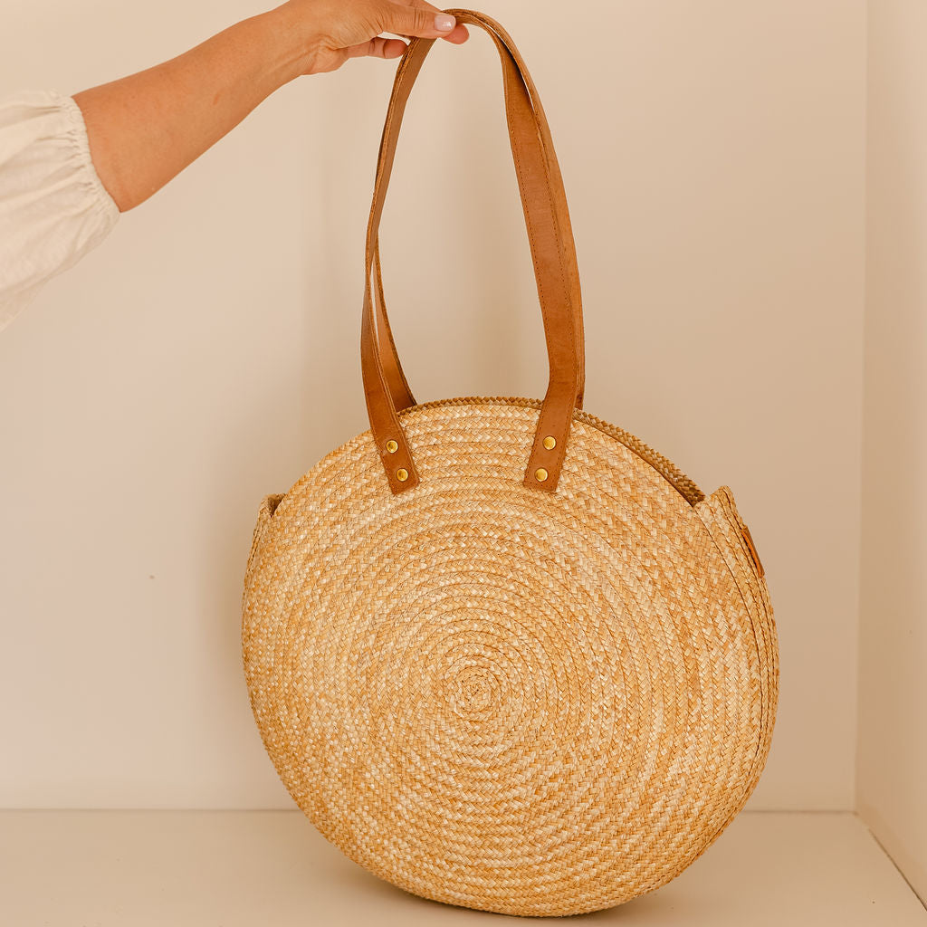 Round Woven Straw Shoulder Bag with Leather Handles