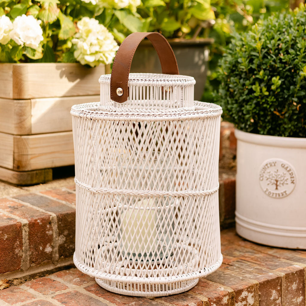 Trellis Rattan Lantern with Glass Candle Holder – White Wash