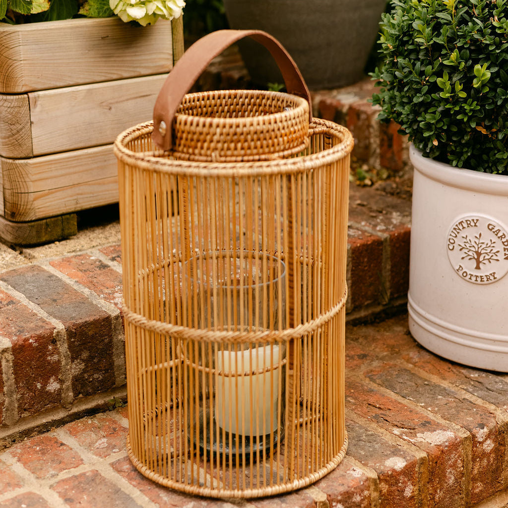 Round Rattan Lantern with Leather Handle
