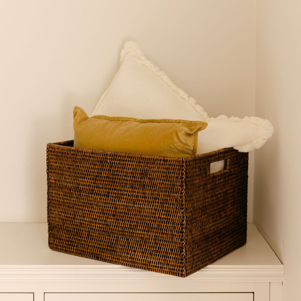 Mandalay Rectangular Rattan Storage Basket with inset Handles