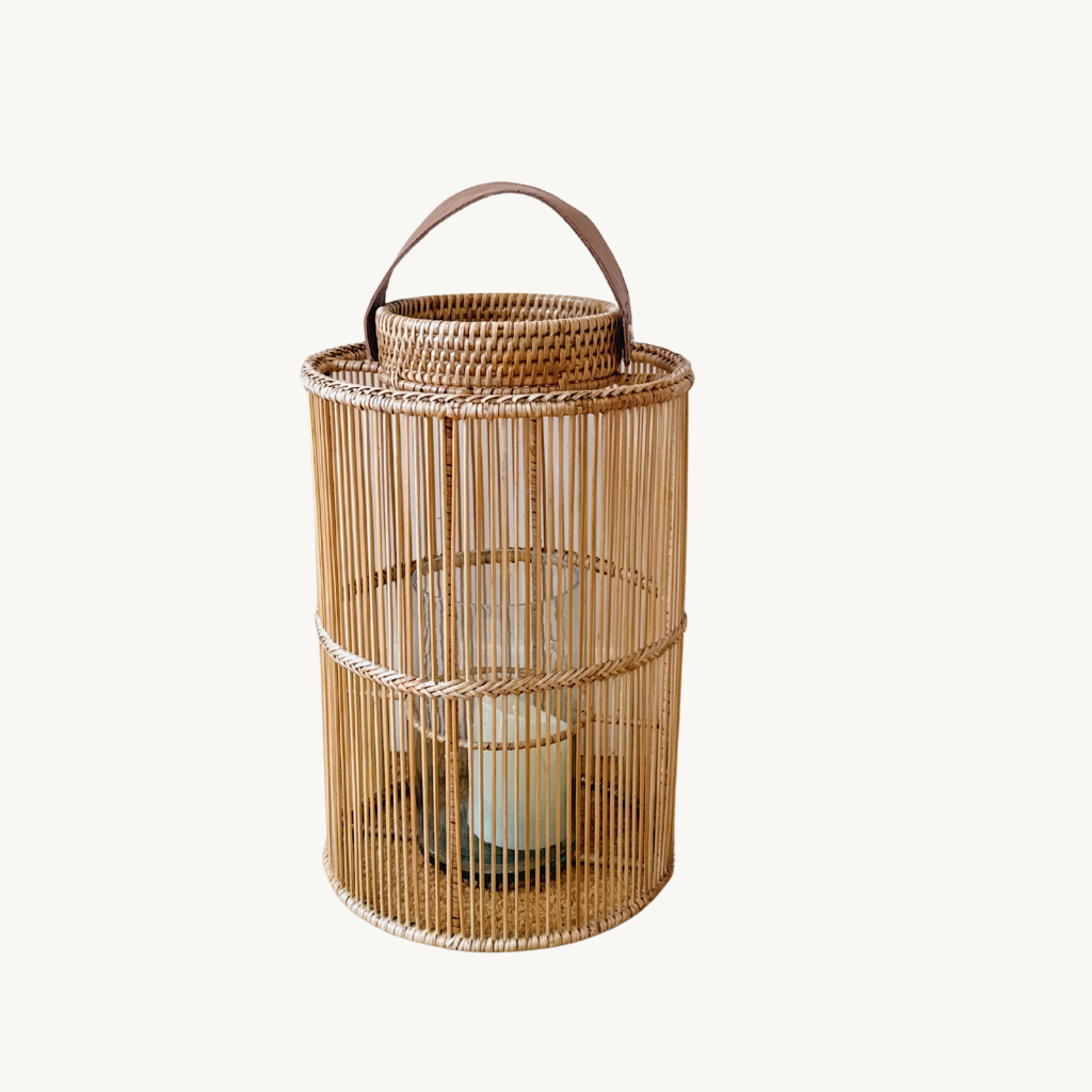 Handwoven Round Rattan Lantern with Glass Candle Holder & Leather Handle