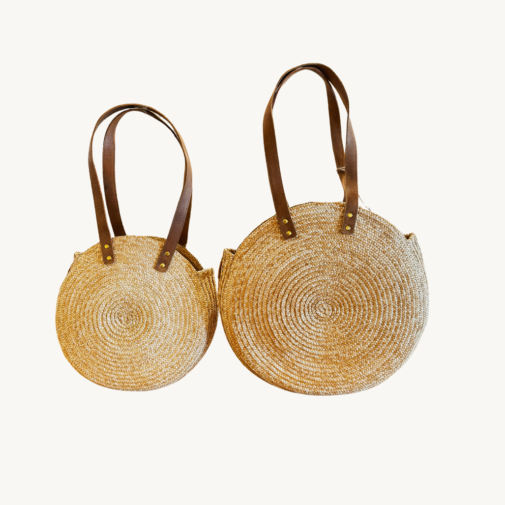 Round Straw Bag with Genuine Leather Handles