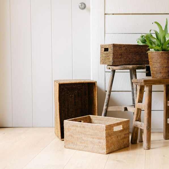 Rattan Large Rectangular Storage Basket with Inset Handles