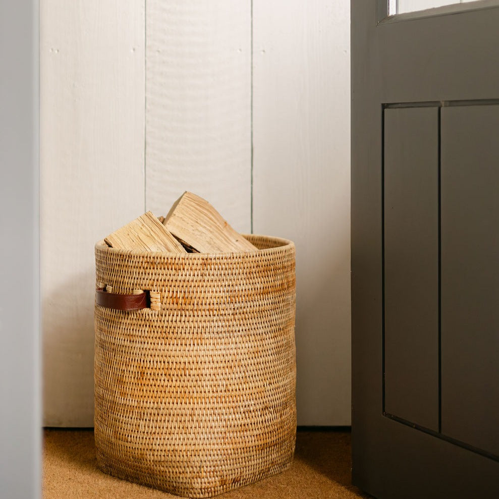 Rattan Tall Storage Basket with Inset Leather Handles