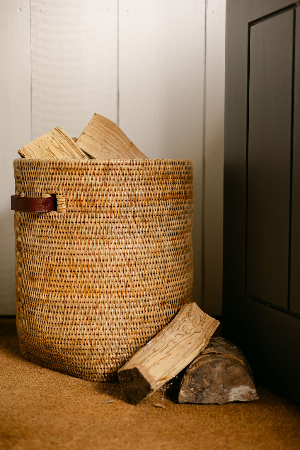 Rattan Tall Storage Basket with Inset Leather Handles