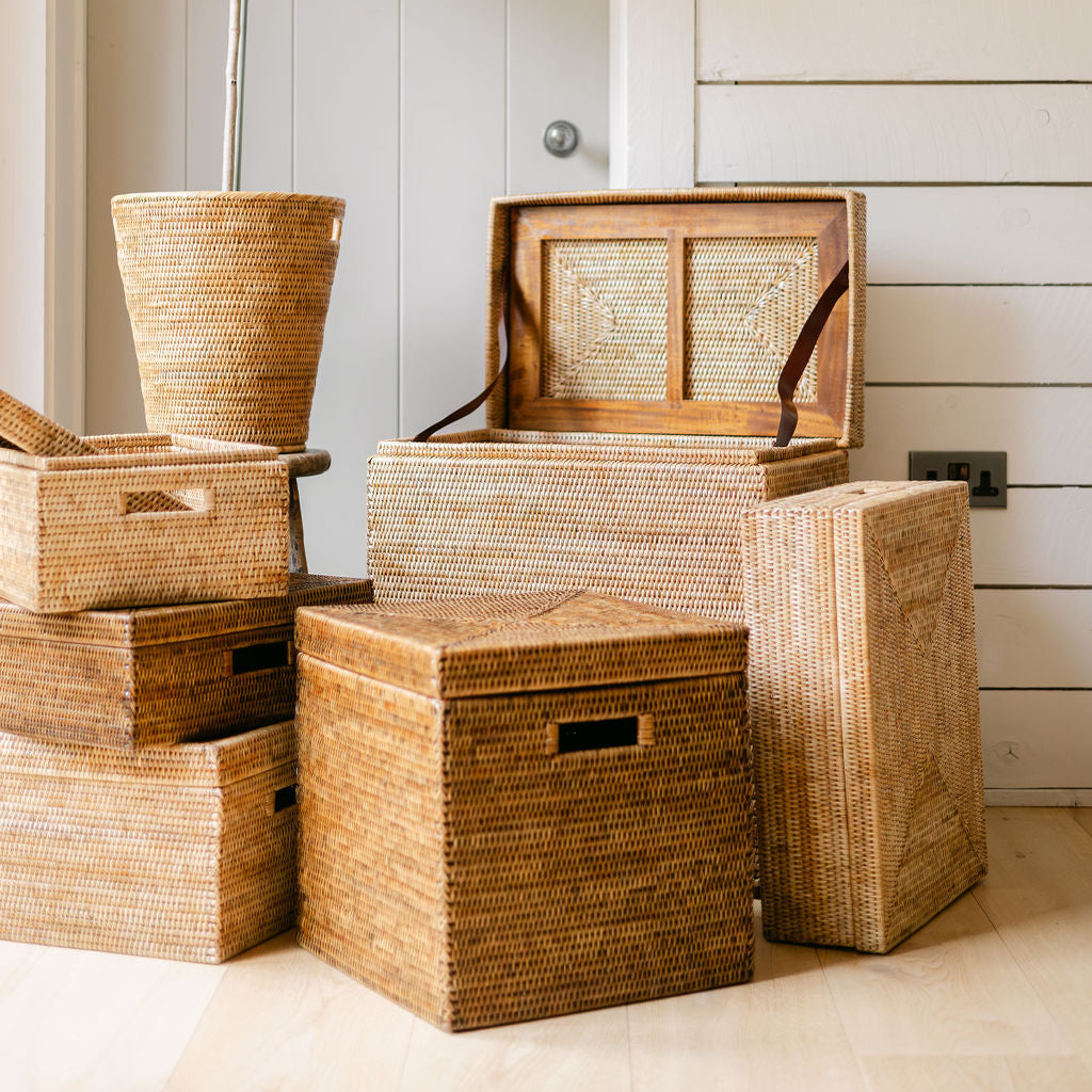 Rattan Lidded Square Storage Box with Inset Handles