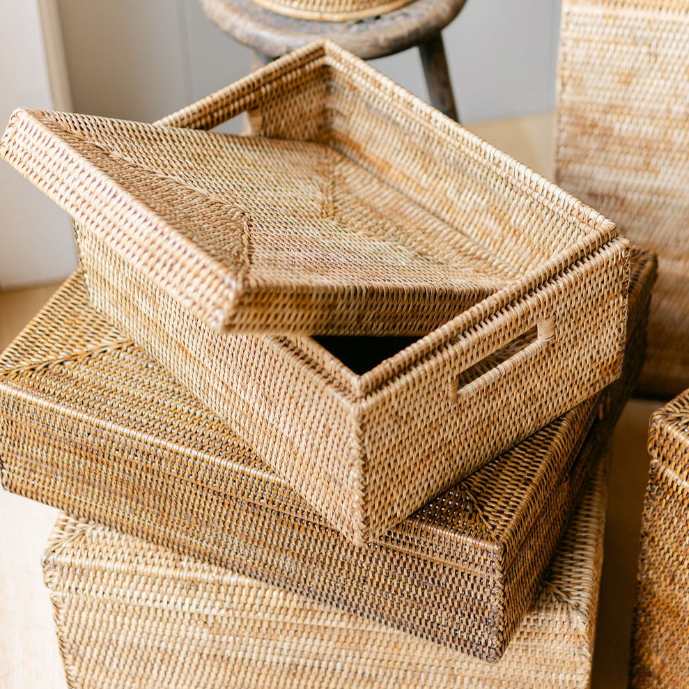 Rattan Lidded Wide Rectangular Storage Box with Inset Handles