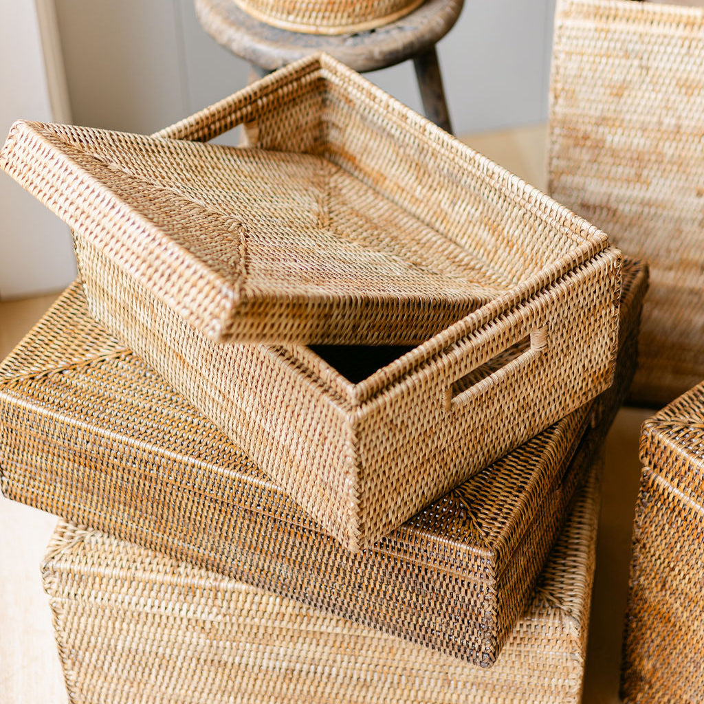 Rattan Lidded Rectangular Storage Box with Inset Handles