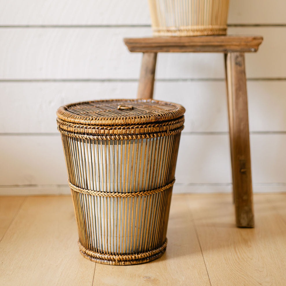 dark rattan bin with bamboo liner