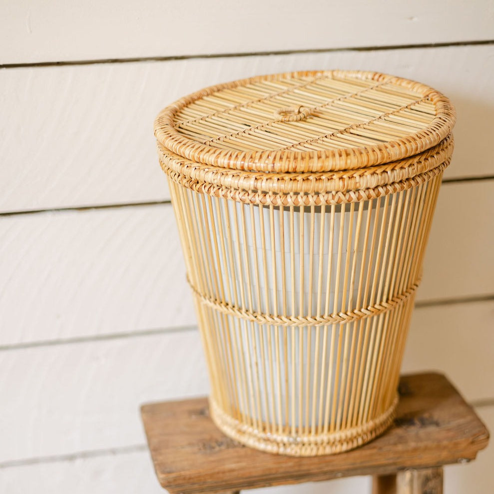 light rattan bin with bamboo liner and lid